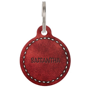 Rustikales Rotes Leder Buckstitch Name der Katze Haustiermarke