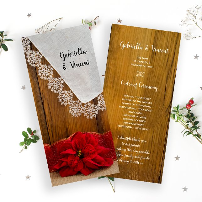Rustikales Rotes Poinsettia Winterhochzeitprogramm Programm (Von Creator hochgeladen)