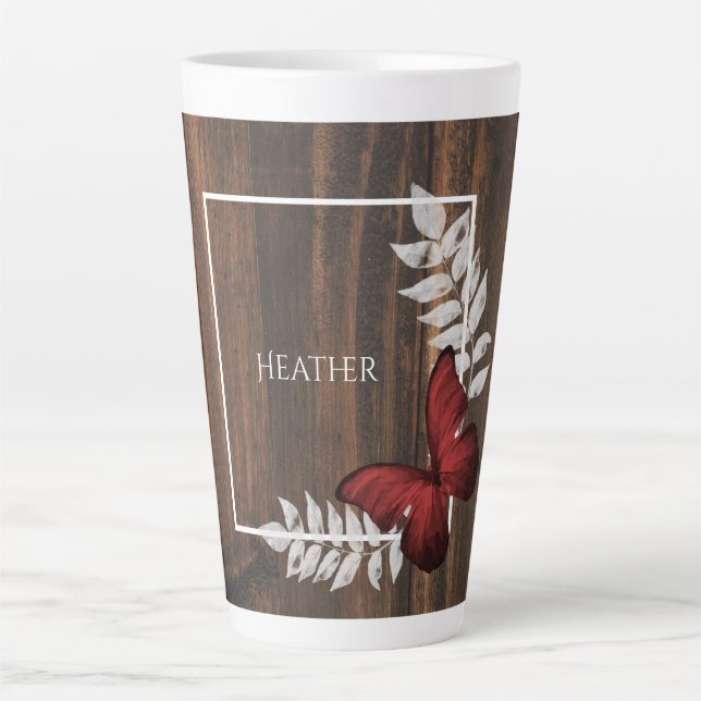 Rustikales Rotes Schmetterling Personalisiert Latt Milchtasse (Vorderseite)