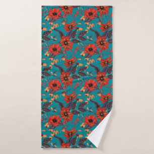 Rustikales rotes und Aquamarines Blumenmuster Badehandtuch