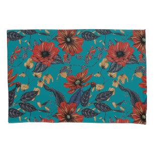 Rustikales rotes und Aquamarines Blumenmuster Kissenbezug