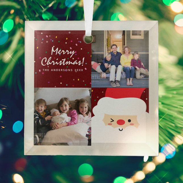 Rustikales Rotweihnachtskonfetti und Foto der Fami Ornament Aus Glas (Von Creator hochgeladen)