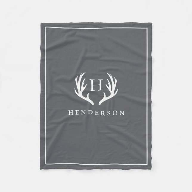 Rustikales Rotwild-Geweih-Monogramm-Grau Fleecedecke (Vorderseite)
