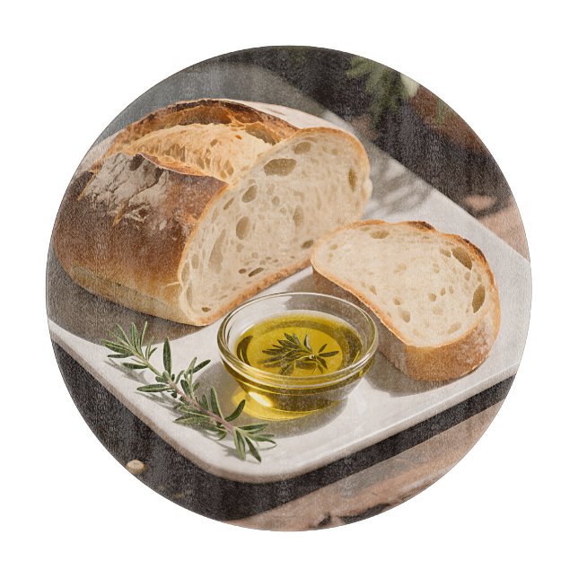 Rustikales Sauerteigbrot Olivenöl Schneidebrett (Vorderseite)
