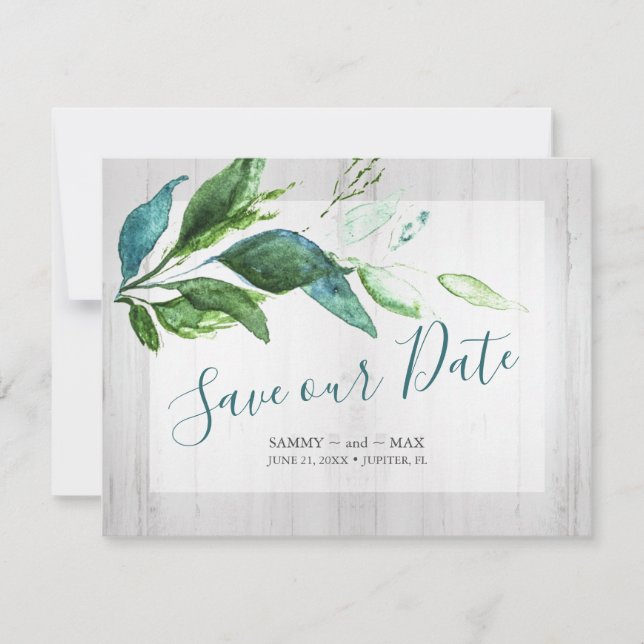 Rustikales Save the Date Aquarellholz und Blätter (Vorderseite)