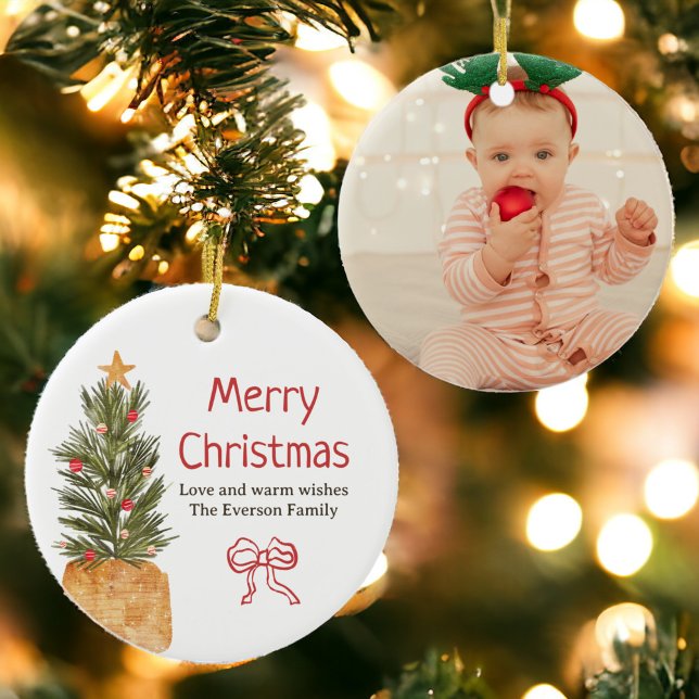 Rustikales Scandi Bow Boho Weihnachtsbaum-Foto Keramik Ornament (Rustic Scandi Bow Boho Christmas Tree Photo Ceramic Ornament)