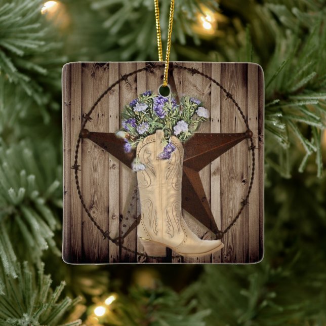 rustikales Scheunenholz Wildblume Western Cowgirl Keramikornament (Baum)