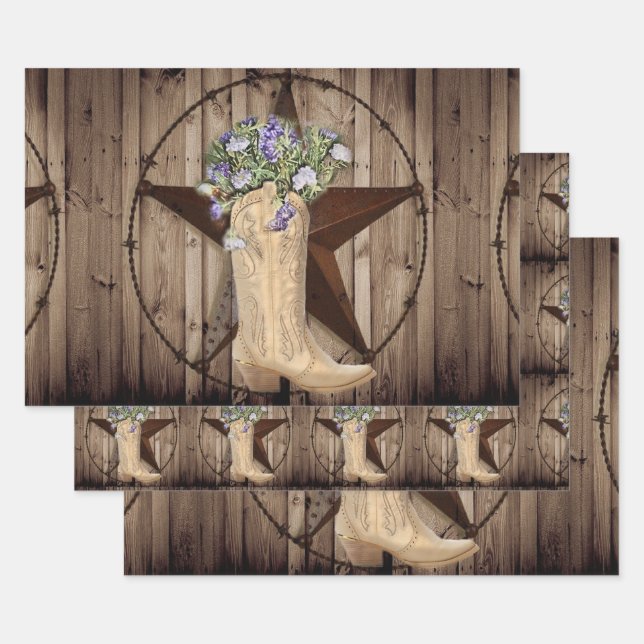 Rustikales Scheunenholz Wildblume Western Stars Co Geschenkpapier Set (Set)