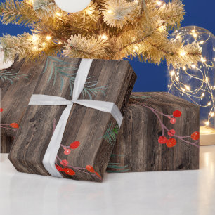 Rustikales Scheunenholz Wintergrün & Beeren Geschenkpapier