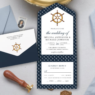 Rustikales Schiffsruder - Nautische Navy-Hochzeit All In One Einladung