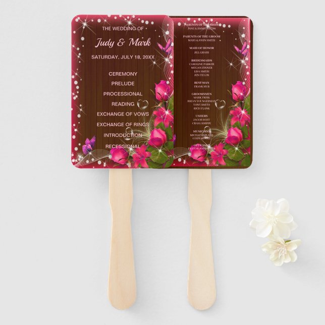 Rustikales Schmetterlingsprogramm für Holz rosa Fächer (Vorne und Hinten)