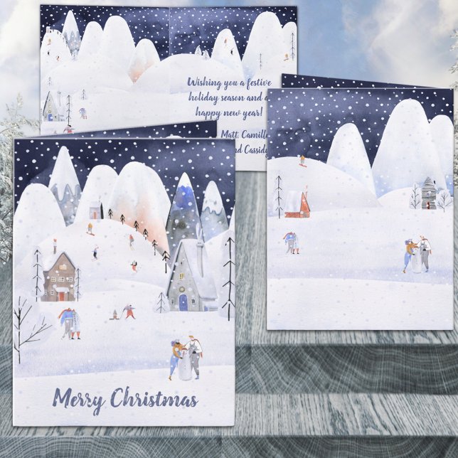 Rustikales Schneebergdorf Winterurlaub Feiertagskarte (Snowy Mountain Ski Village Holiday Merry Christmas Wraparound Graphics Inside Folded Card)