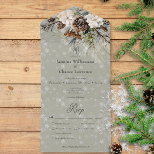 Rustikales Schneefall Pine & White Floral Sage Din All In One Einladung