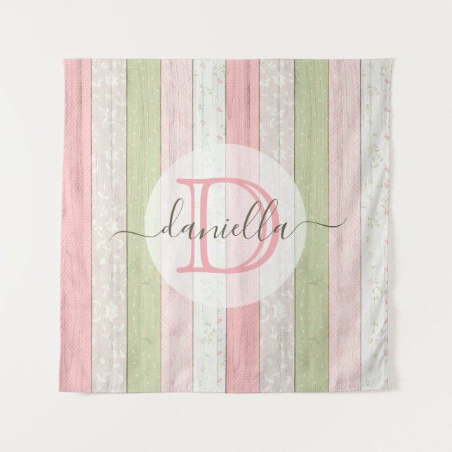 Rustikales Schnittholz Grün & Rosa Blumenholz Pers Wandteppich (Vorderseite)