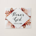 Rustikales Schönheitsblütenmädchen Gerahmte Bohemi<br><div class="desc">Rustikale Schönheit Gerahmte Wasserfarbe Bohemisch Herbst oder Fall Design mit Boho Hand bemalten Federn, Blume, und viel von bunten Orange, Rost, Rot, Burgund, Marsala, Pfirsichfarben Blätter und Blattwerk. Mit handgezeichneten Linien, Wirblen handgeschriebenen Schriftart, Rose Goldfolie-Glitzer, Pinselstriche und geometrischem Diamant Rahmen Blütenpuzzle! ~ Karo mein Shop zu sehen, die gesamte Hochzeitssuite...</div>