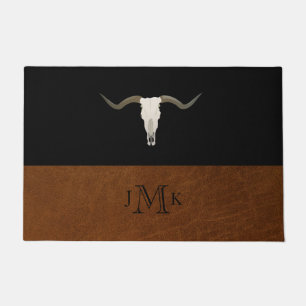 Rustikales Schwarz-Braun-Leder-Antler-Monogramm Fußmatte