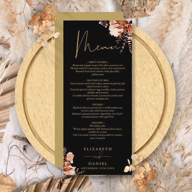 Rustikales Schwarz-Gold-Hochzeitsessen Menükarte (Rustic Floral Black And Gold Wedding Dinner Menu)