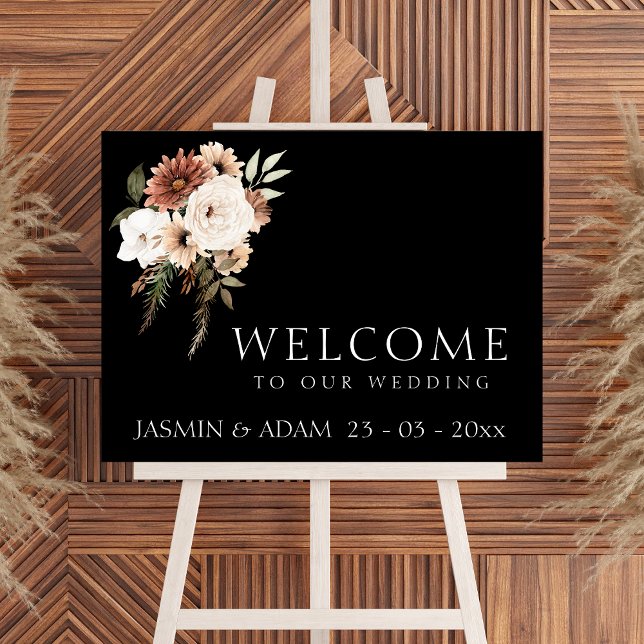 Rustikales Schwarz-Pfirsichblütenzeichen Poster (Rustic Black and Peach Floral Wedding Sign)