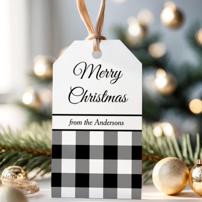 Rustikales Schwarz und Weiß Weihnachten Geschenkanhänger (Rustic Black And White Plaid Christmas Gift Tags)
