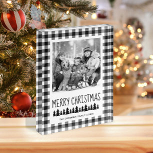Rustikales Schwarz-Weiß-Buffalo-Karo-Weihnachten Fotoblock