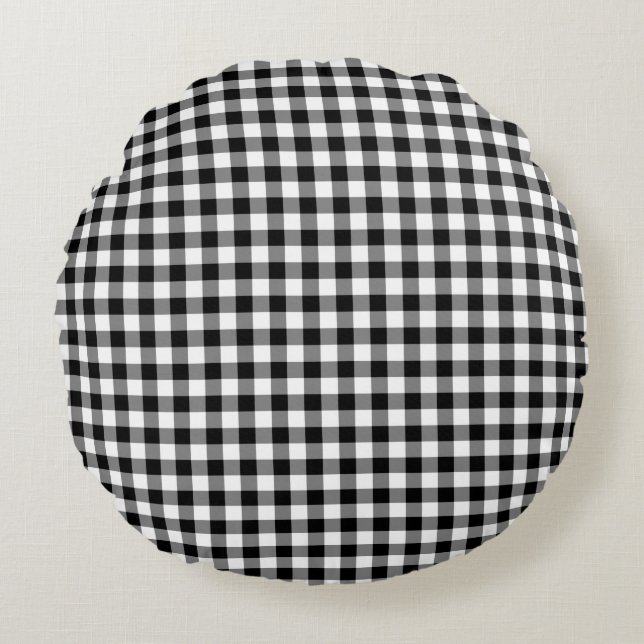 Rustikales Schwarz-Weiß Gingham Prüfmuster Rundes Kissen (Vorderseite)