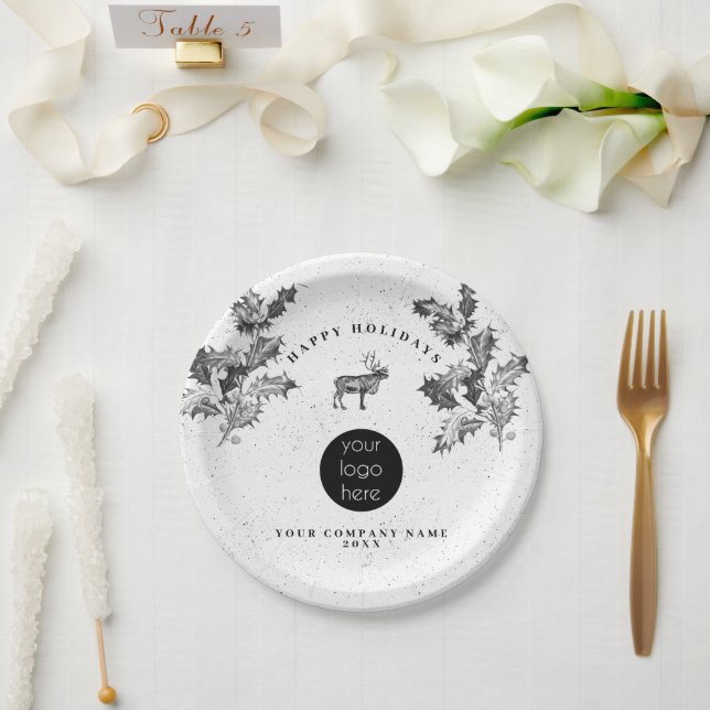 Rustikales Schwarz-weiß Holiday Business Logo Weih Pappteller (Hochzeit)