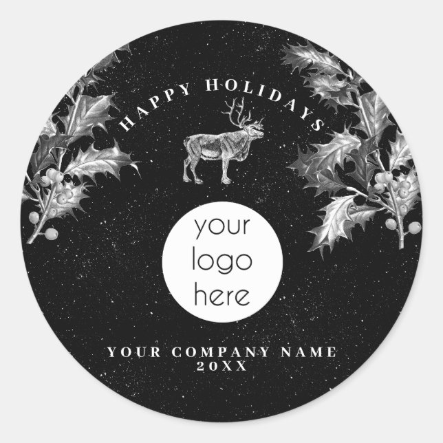 Rustikales Schwarz-weiß Holiday Business Logo Weih Runder Aufkleber (Vorderseite)