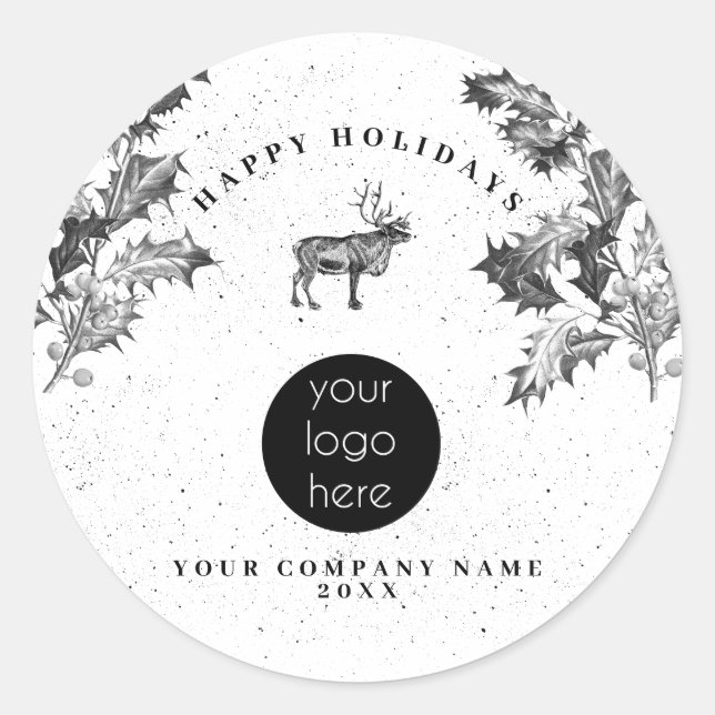 Rustikales Schwarz-weiß Holiday Business Logo Weih Runder Aufkleber (Vorderseite)