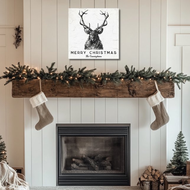Rustikales Schwarz-weißes Hirschfeindchen Leinwanddruck (Rustic Black White Deer Christmas Monogram Canvas Print)