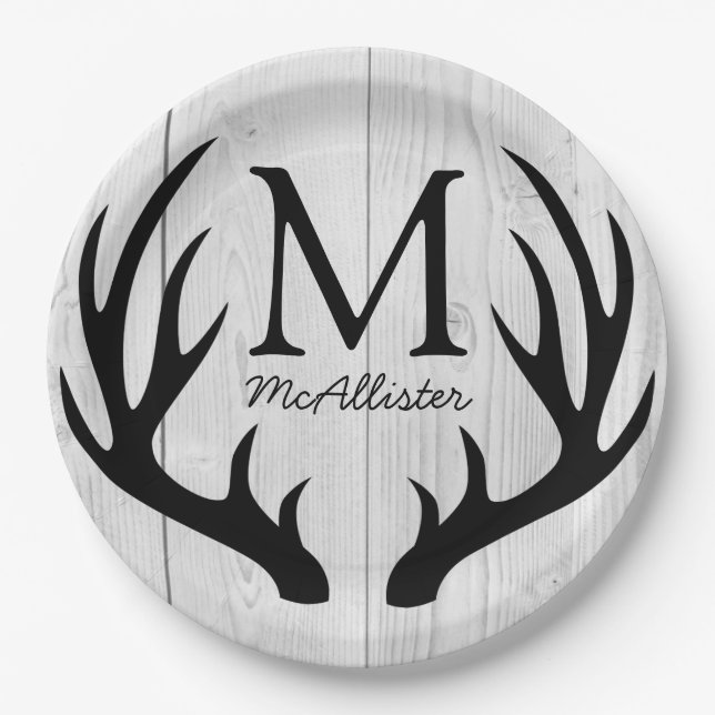 Rustikales Schwarzer Hirsch Antler Weißer Barnholz Pappteller (Vorderseite)