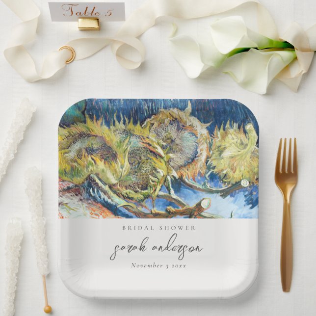 Rustikales Script Blue Yellow Sunflower Brautparty Pappteller (Hochzeit)