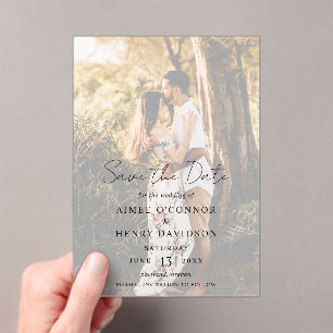 Rustikales Script-Foto Moderne Hochzeit retten das Acryleinladungen