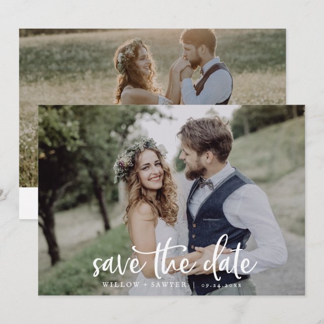 Rustikales Script Horizontal Dunkles Foto Save the Date (Vorne/Hinten)