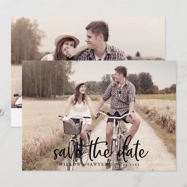 Rustikales Script Horizontal Light Foto Save the D Date (Vorne/Hinten)