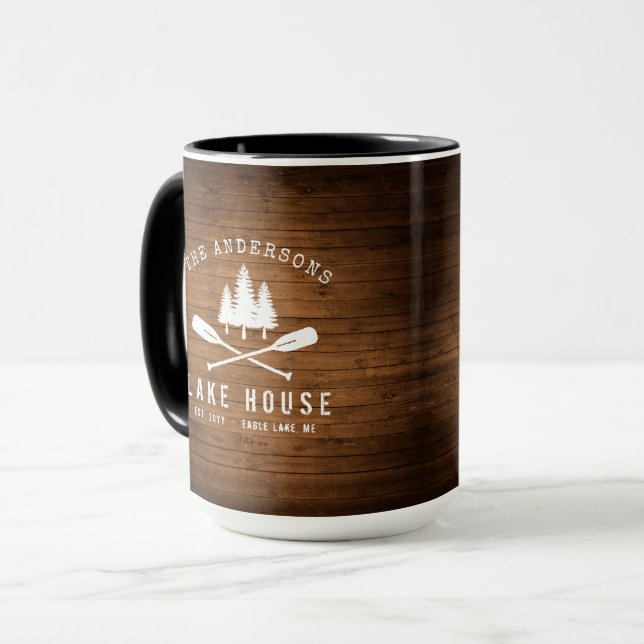 Rustikales Seehaus Oars Bäume Holz Print Large Tasse (Vorderseite Links)