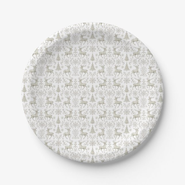 Rustikales, Silber/Weiß modernes Weihnachtsmuster Pappteller (Vorderseite)