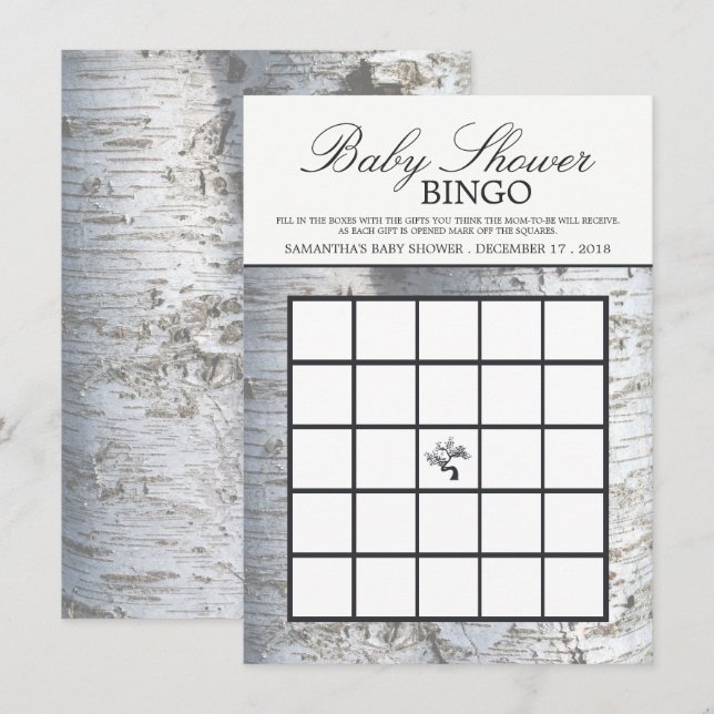 Rustikales Silver Birch Tree Baby Dusche Bingo Einladung (Vorne/Hinten)