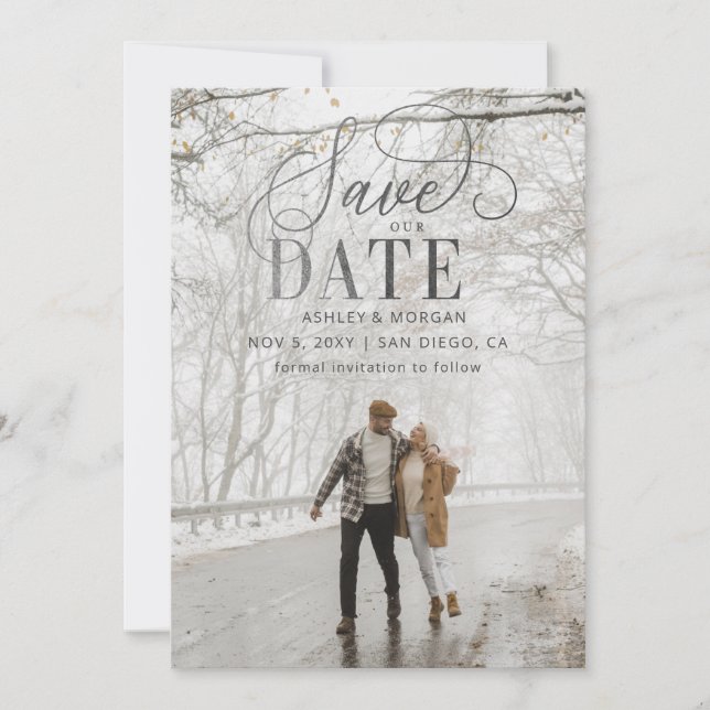 Rustikales Silver Script Modernes Foto Save the Da Date (Vorderseite)