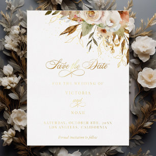 Rustikales Skript für Rose im Herbst Save the Date Folie Einladungspostkarte