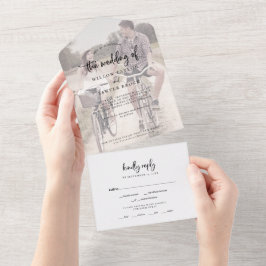 Rustikales Skript verblichenes Foto Hochzeit alles All In One Einladung