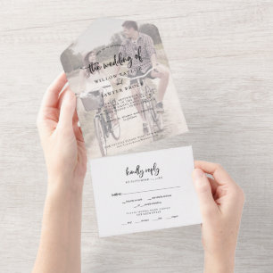 Rustikales Skript verblichenes Foto Hochzeit alles All In One Einladung