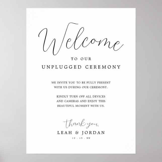 Rustikales SkriptWedding Uplugged Ceremony Sign Poster (Vorne)