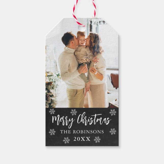 Rustikales Snowflake Chalkboard Foto Weihnachten Geschenkanhänger (Vorderseite)