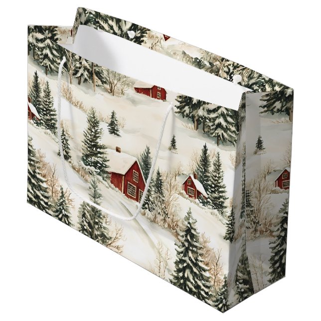 Rustikales Snowy Woodland Village Red White Christ Große Geschenktüte (Vorderseite Schrägansicht)
