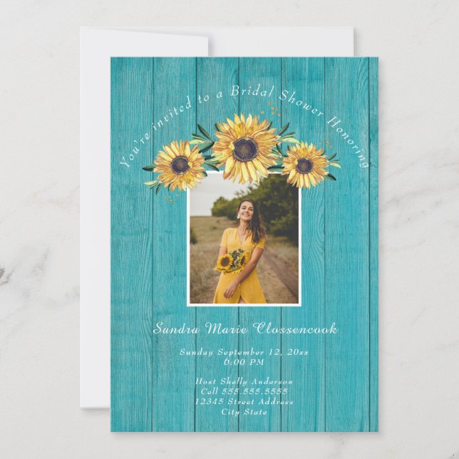 Rustikales Sonnenblumen-Brautparty für Aquamarine  Einladung (Vorderseite)