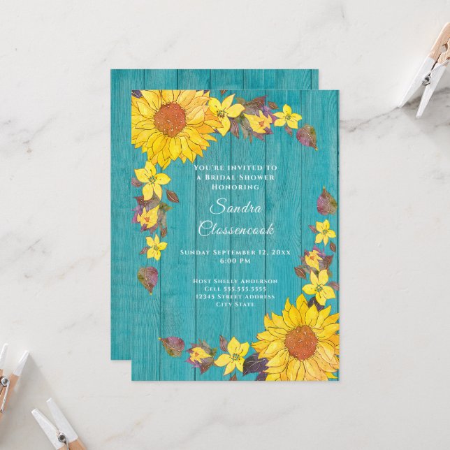 Rustikales Sonnenblumen-Brautparty für Aquamarine  Einladung (Vorderseite/Rückseite Beispiel)
