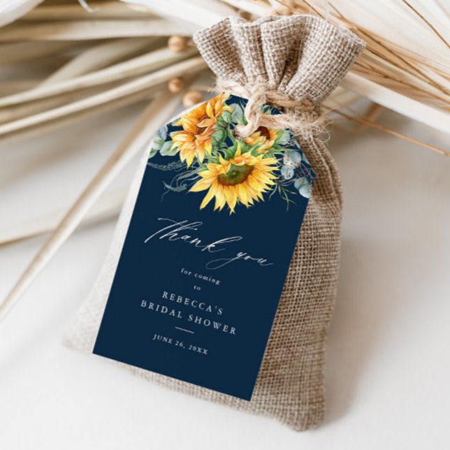 Rustikales Sonnenblumen-Brautparty Vielen Dank Geschenkanhänger (Elegant rustic sunflower navy blue bridal shower thank you favor tag.)
