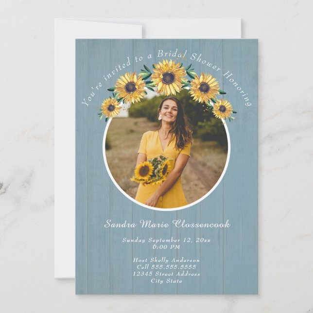 Rustikales Sonnenblumen Dusty Blue Wedding Brautpa Einladung (Vorderseite)