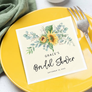 Rustikales Sonnenblumen Eukalyptus Grünes Brautpar Serviette
