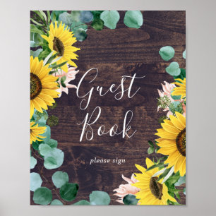 Rustikales Sonnenblumen-Eukalyptus-Holz-Gästebuch- Poster